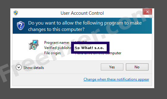 Screenshot where So What! s.r.o. appears as the verified publisher in the UAC dialog